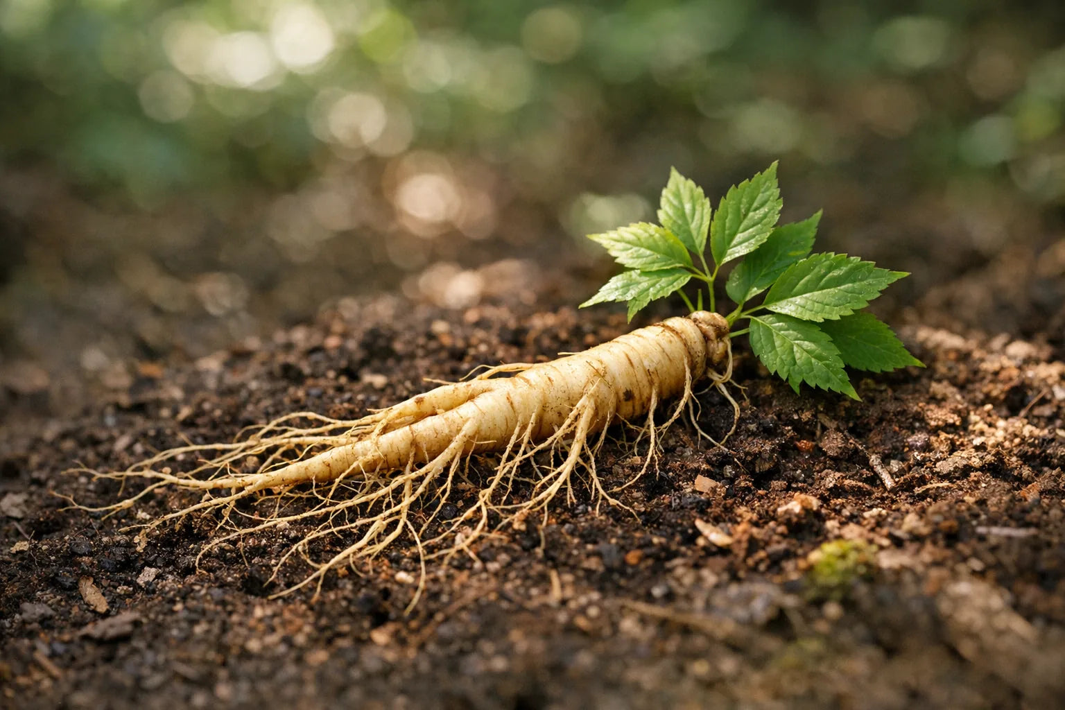 A whole panax ginseng root with fine rootlets and a leaf spray on forest soil