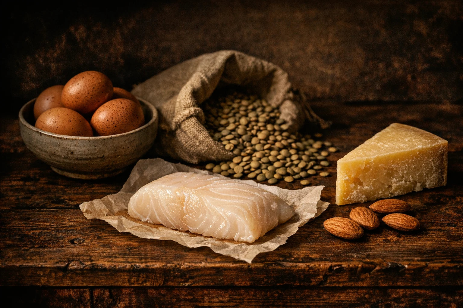 Eggs, lentils and a fillet of white fish on a pale wooden board
