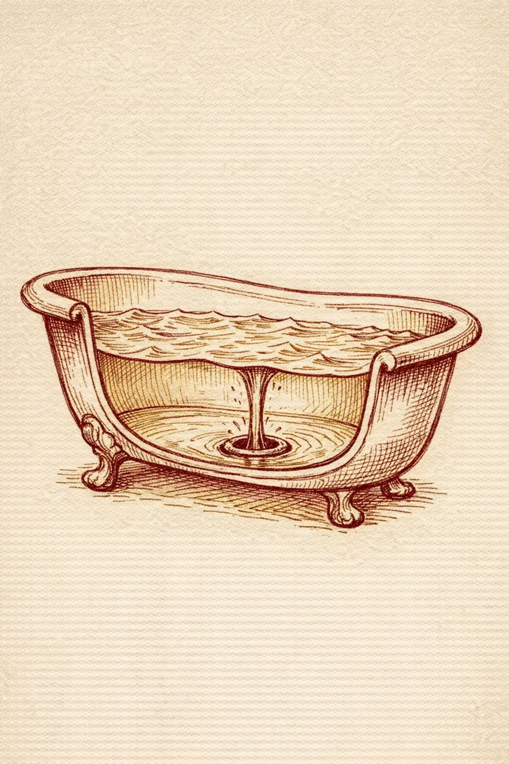 A hand-drawn bathtub cutaway with a narrowed drain