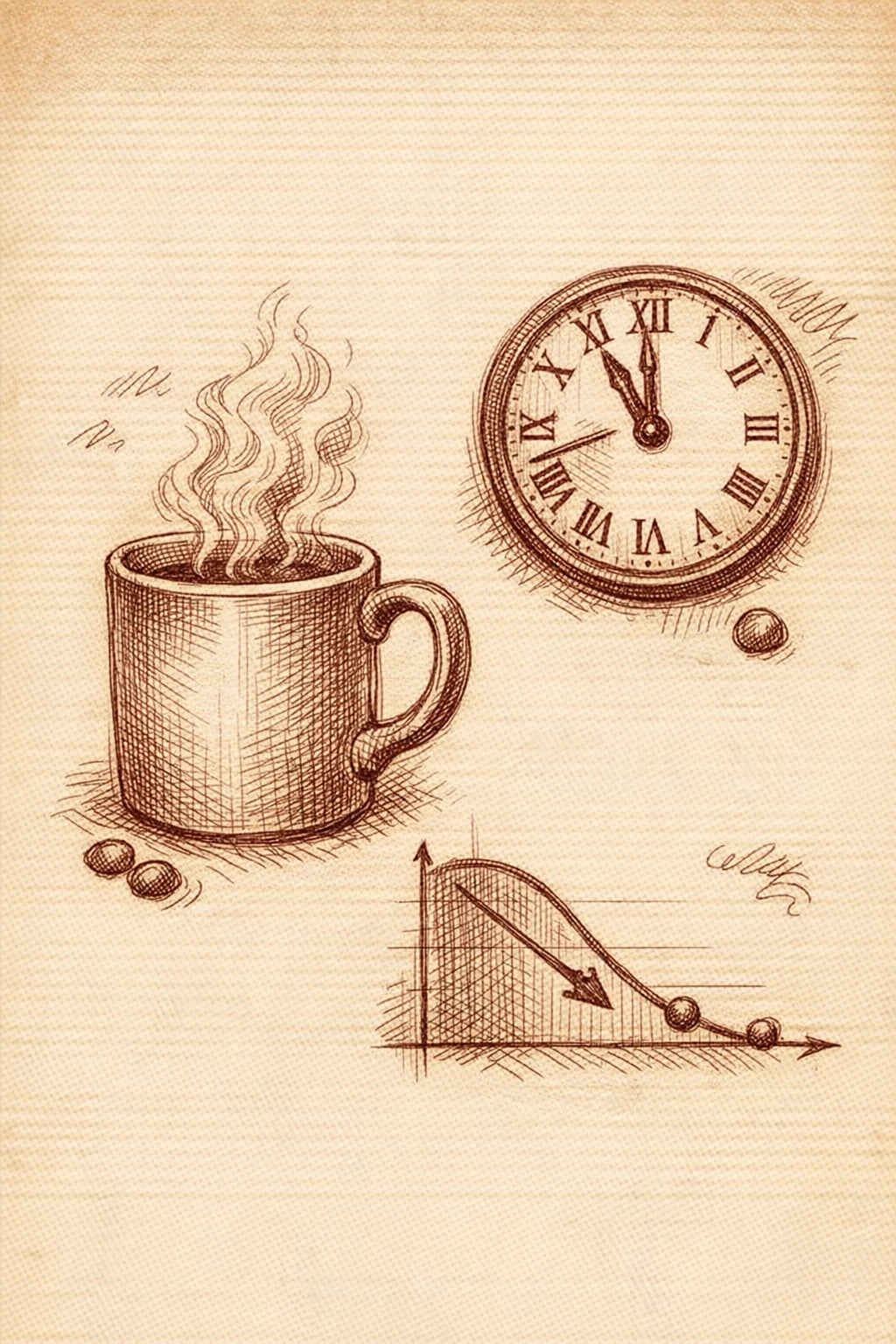 A coffee mug on a counter beside a wall clock at eleven at night