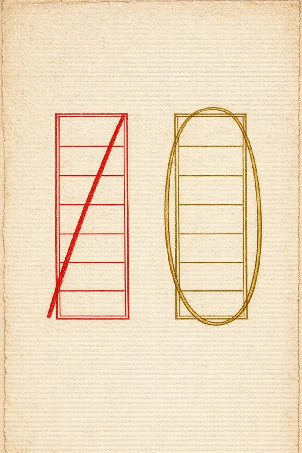 Two hand-drawn ledger columns, one struck through in red and one circled in gold