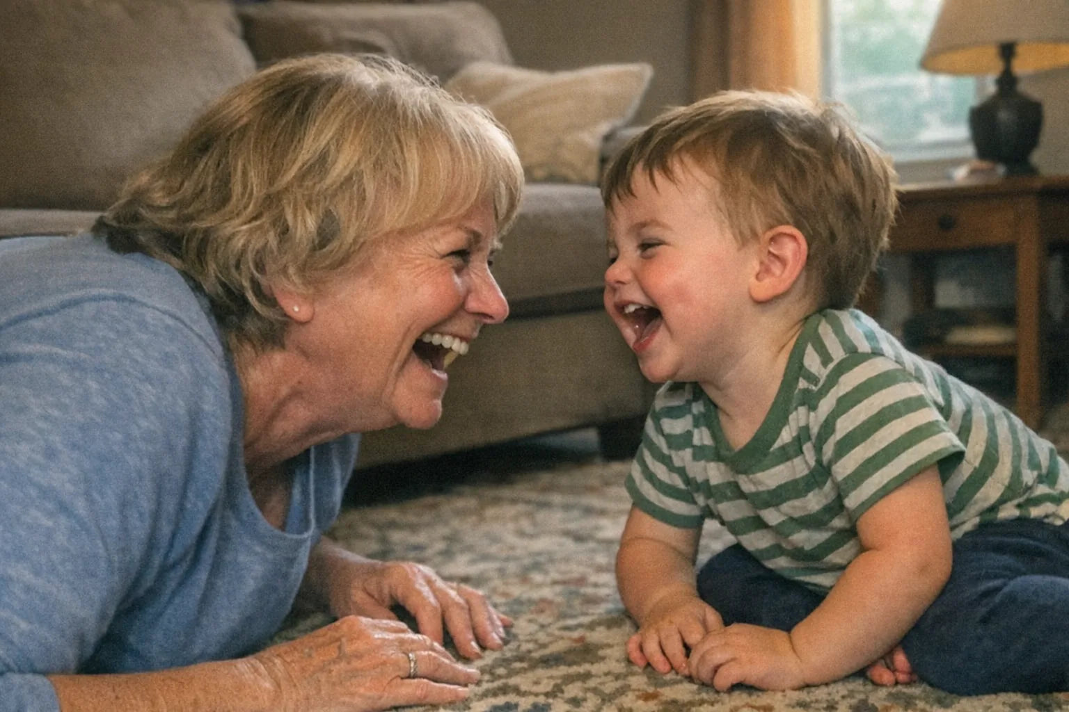 A grandparent and a toddler laughing together on a living room rug