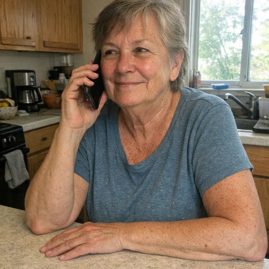 An older person on the phone in a kitchen, half smiling