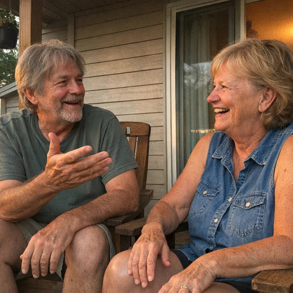 Two people talking on a porch at golden hour