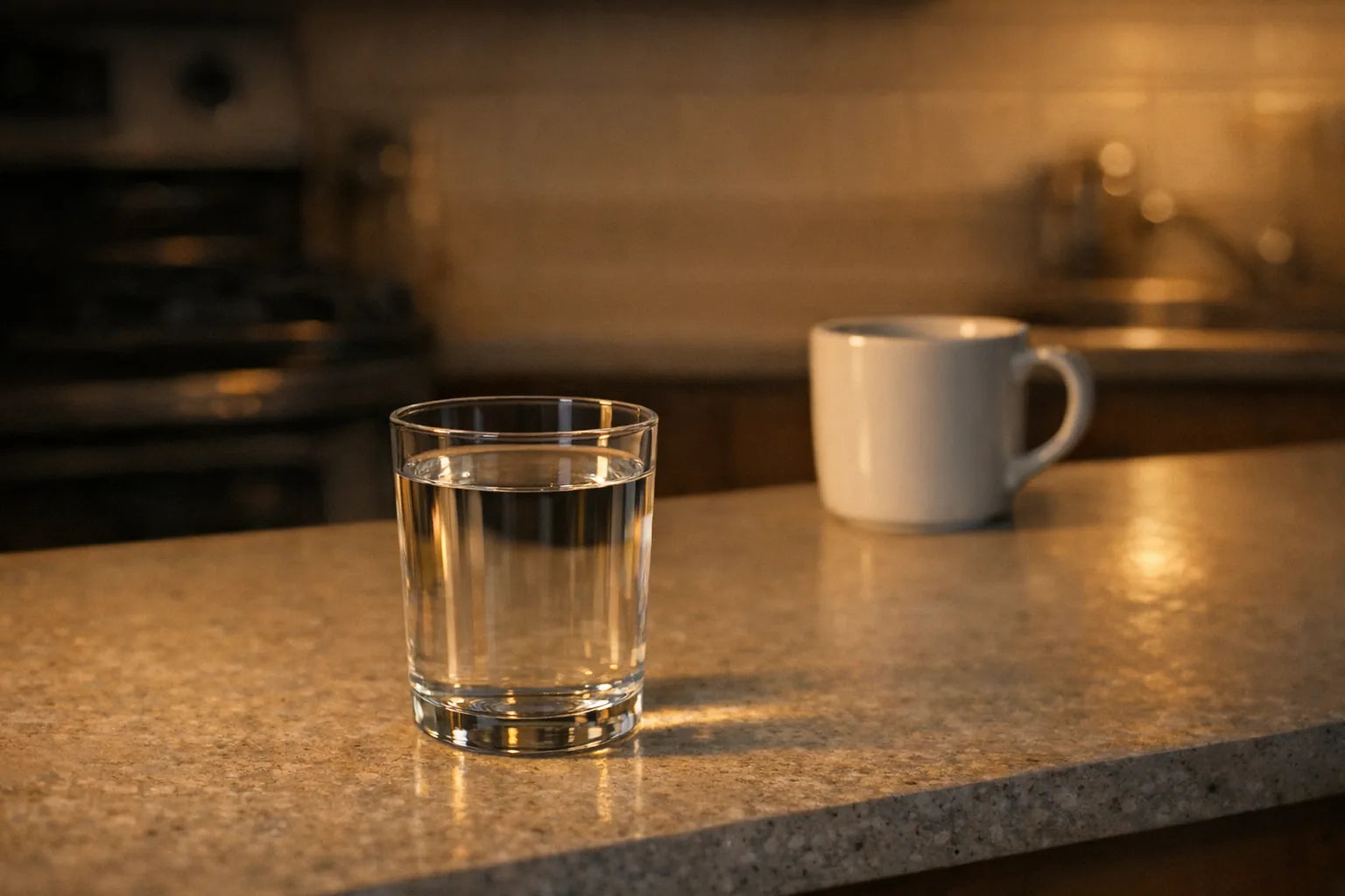 An empty coffee mug pushed to the back of a counter with a glass of water in front of it at dusk