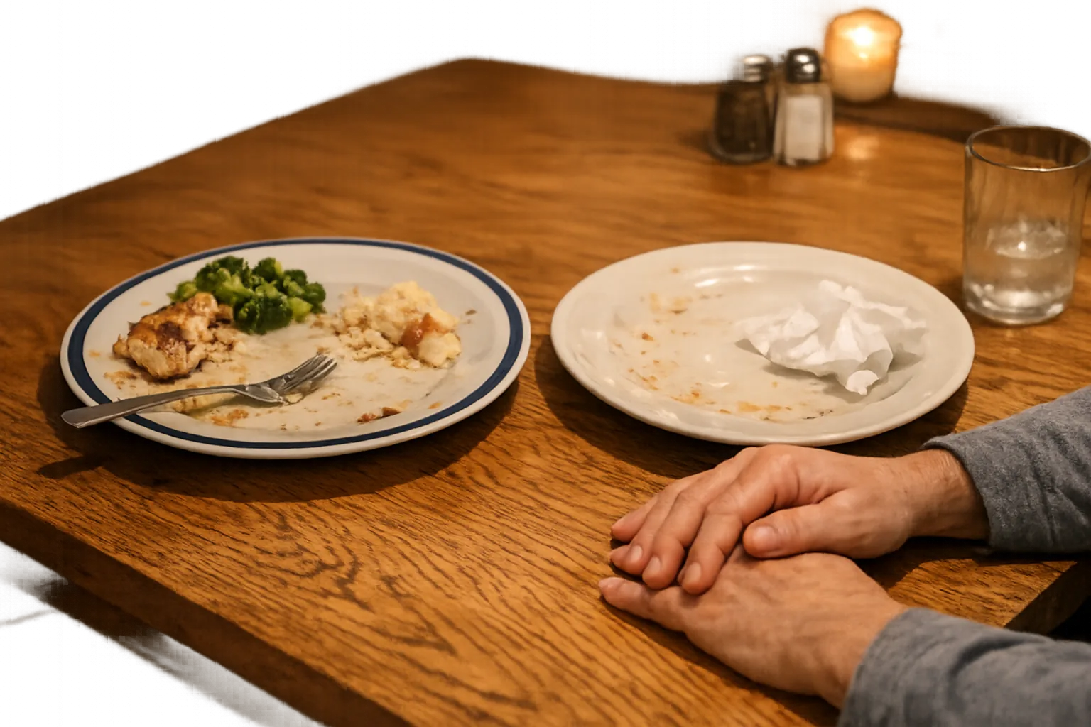 Phone-camera photo of a mostly full dinner plate pushed away on a kitchen table