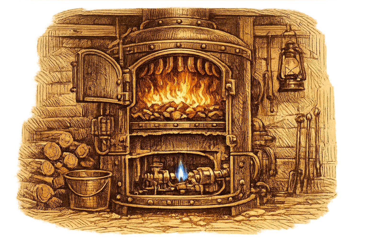Illustration of an old cast-iron farmhouse furnace with a small blue pilot flame