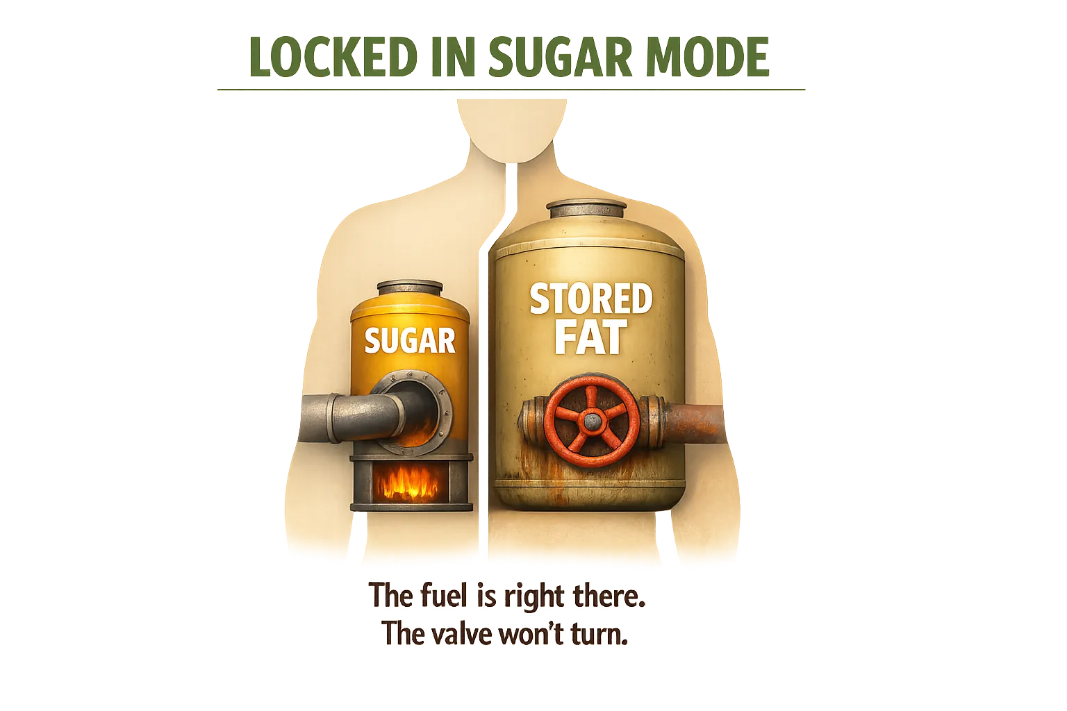Infographic of a small sugar tank feeding a furnace while a large stored-fat tank sits behind a rusted valve