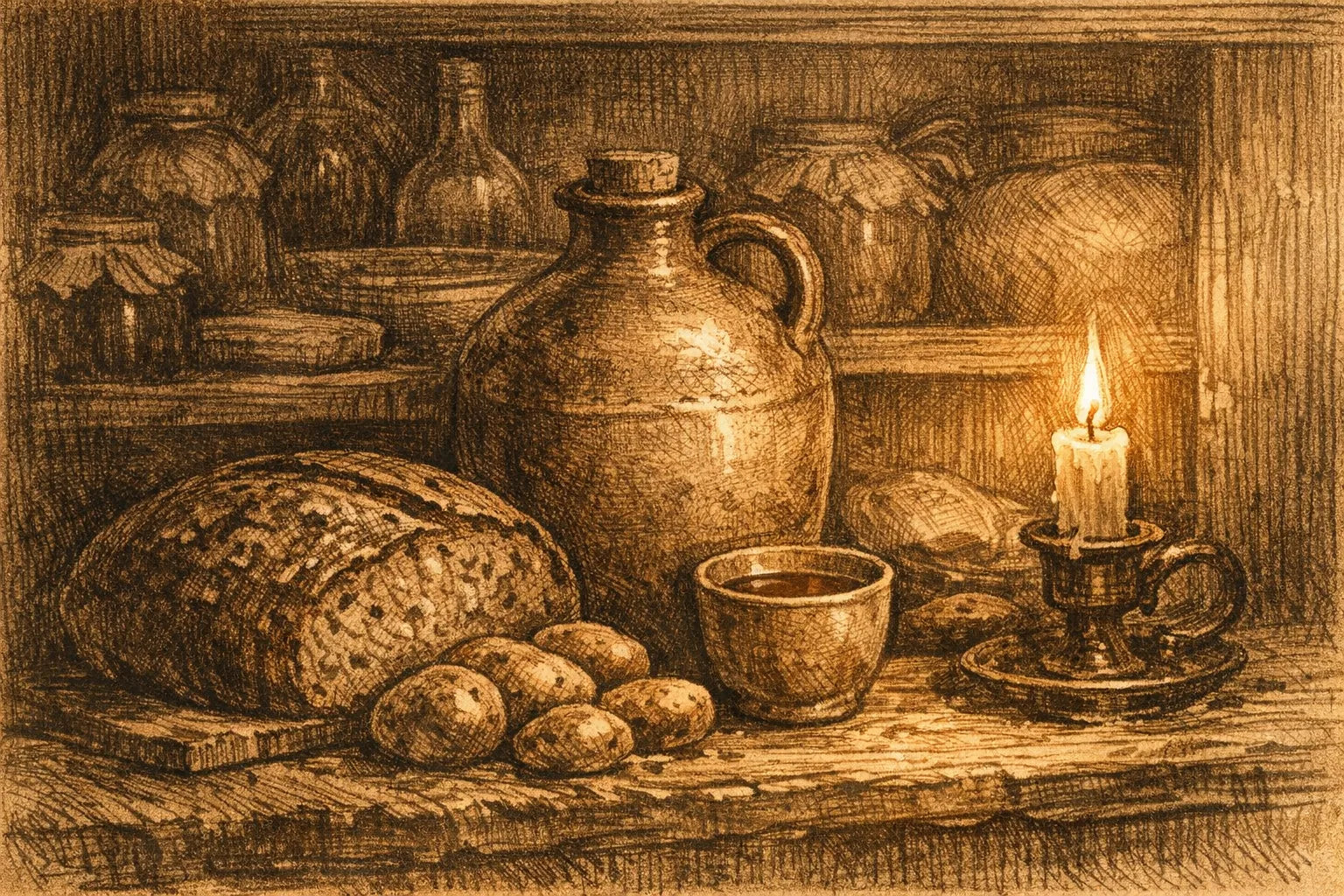 Old-world illustration of a farmhouse pantry shelf with a stoneware jug of soured cider
