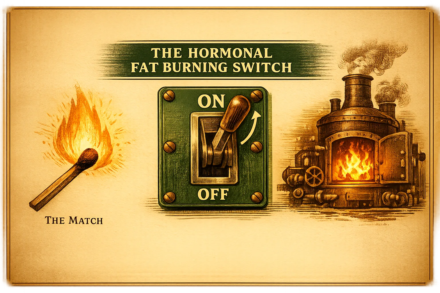 Illustration of a struck match throwing the Hormonal Fat Burning Switch to the on position