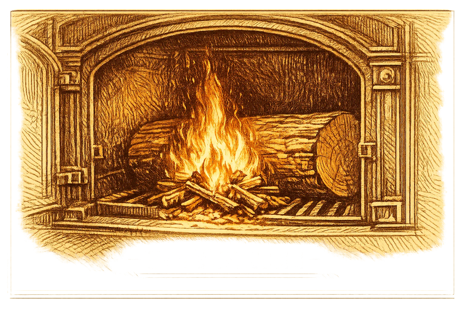 Illustration of kindling catching a first flame inside a cast-iron furnace