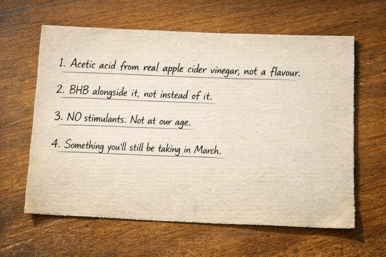 Handwritten note listing four things to look for in a vinegar supplement