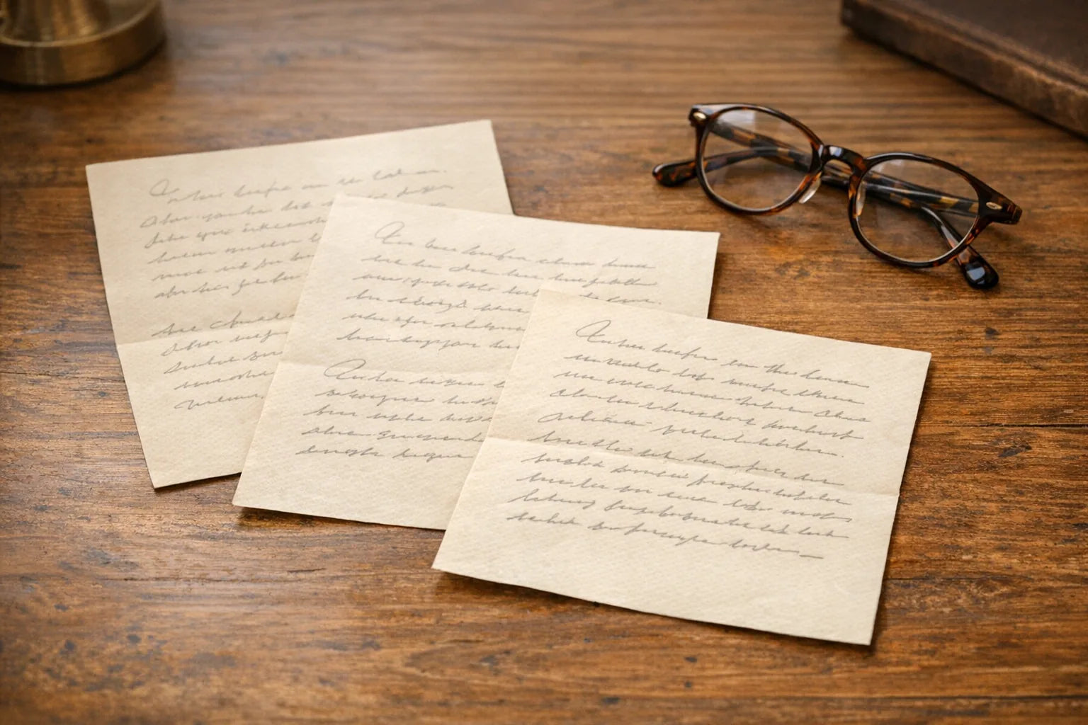 Illustration of three handwritten letters on a wooden desk beside reading glasses