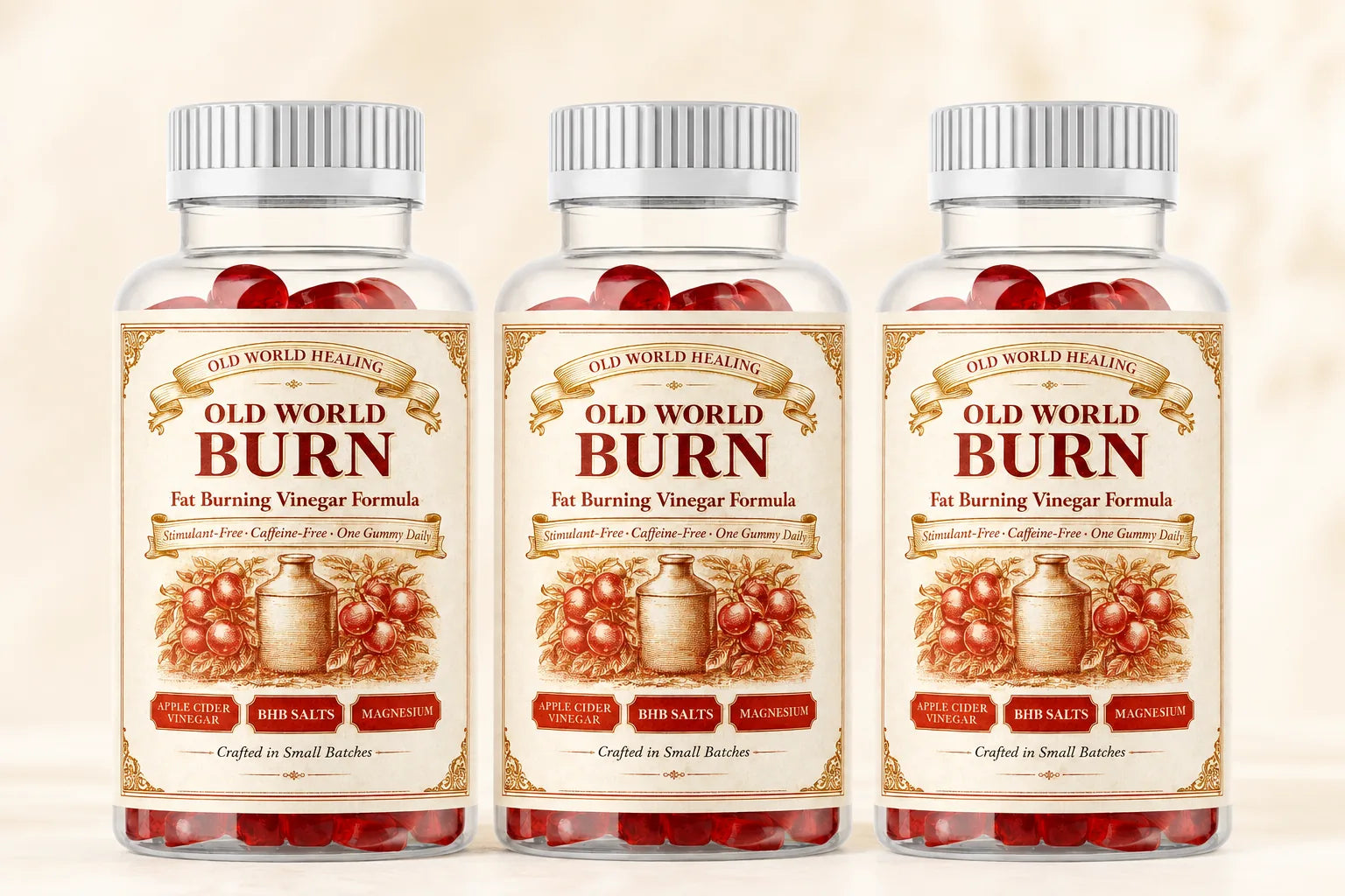 Three jars of Old World Burn on a cream surface