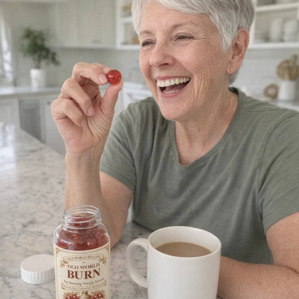 Taking one gummy at a sunlit kitchen counter