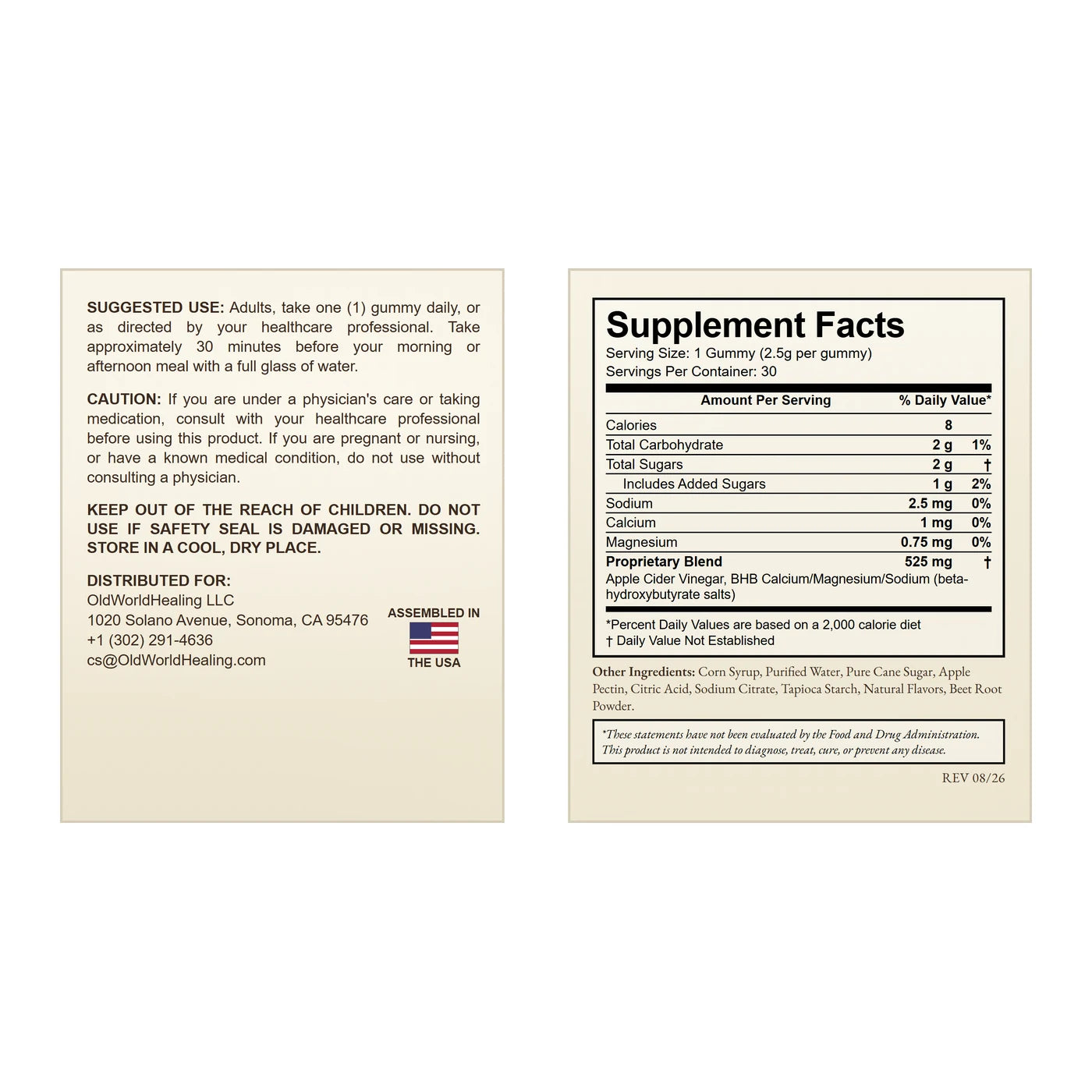 Old World Burn label and Supplement Facts panel