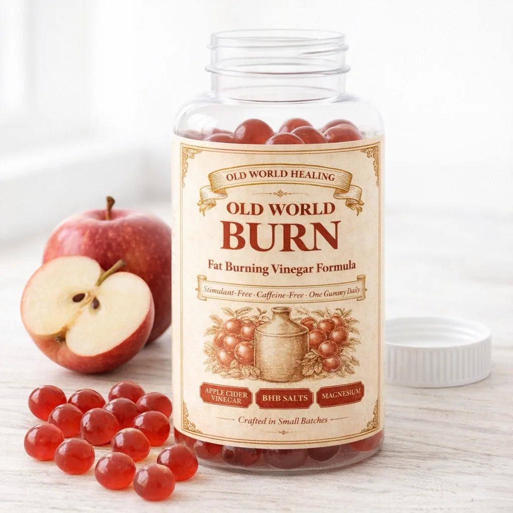Red gummies spilling from the jar beside fresh apples