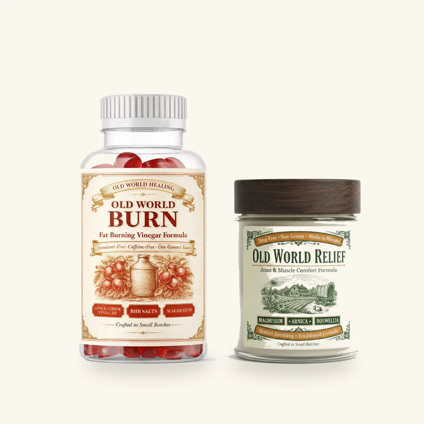 Old World Burn beside Old World Relief on an apothecary shelf