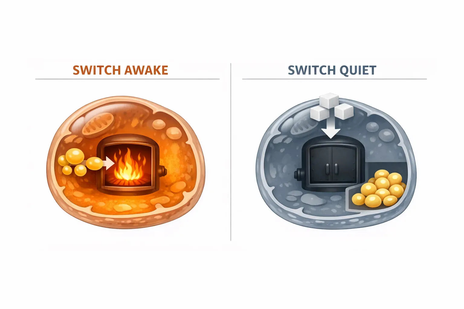 Two-panel illustration: the switch awake burning fat, the switch quiet storing it