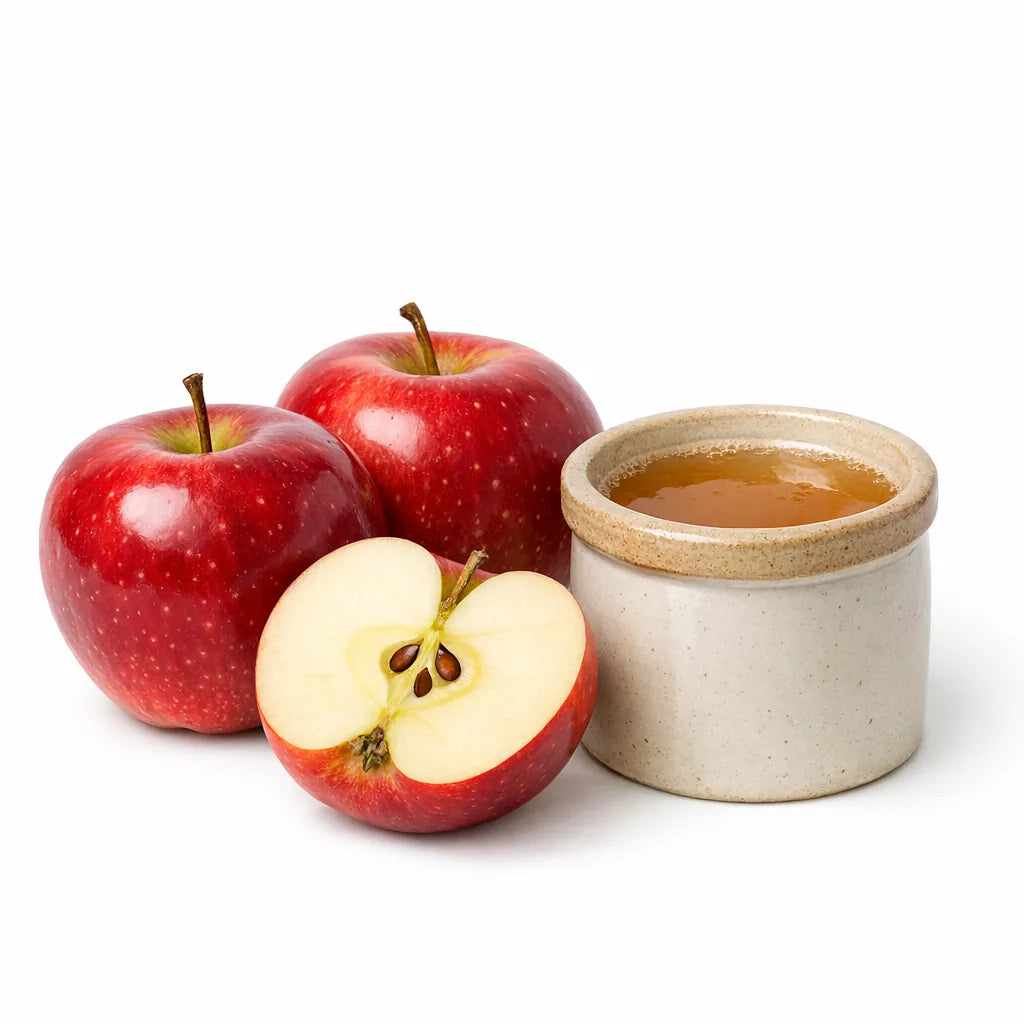 Red apples and a crock of apple cider vinegar