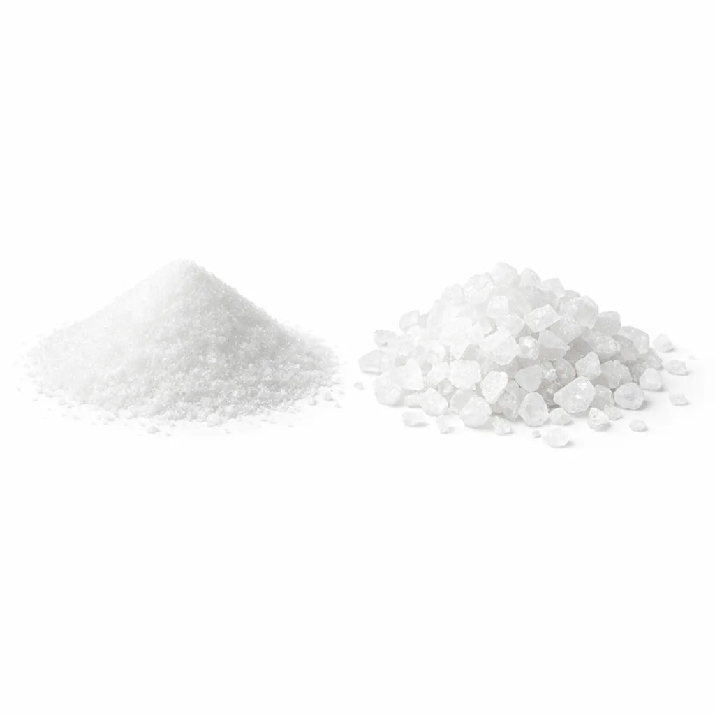 Fine white crystals beside coarse mineral salt