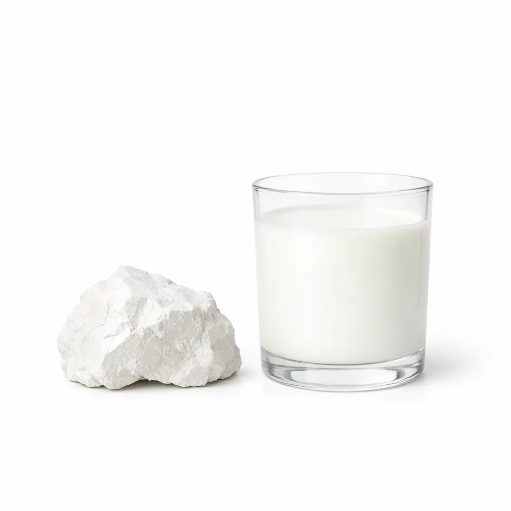 White mineral limestone beside a glass of milk