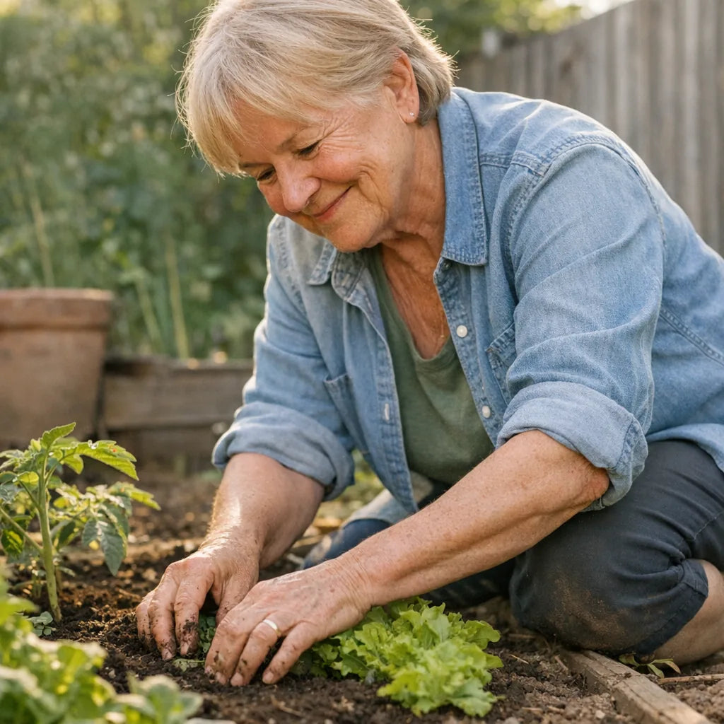 A person kneeling in a vegetable garden in late afternoon light
