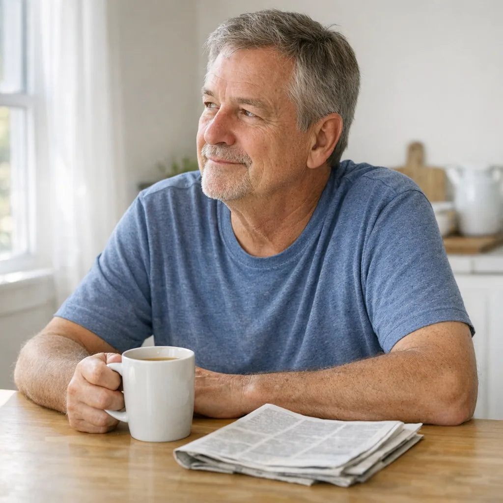 A man at a kitchen table with a mug and a folded newspaper