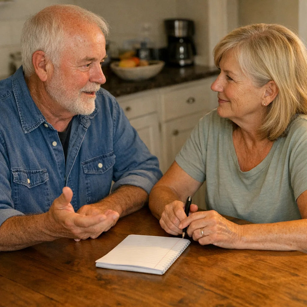 Two people at a kitchen table with a notepad between them