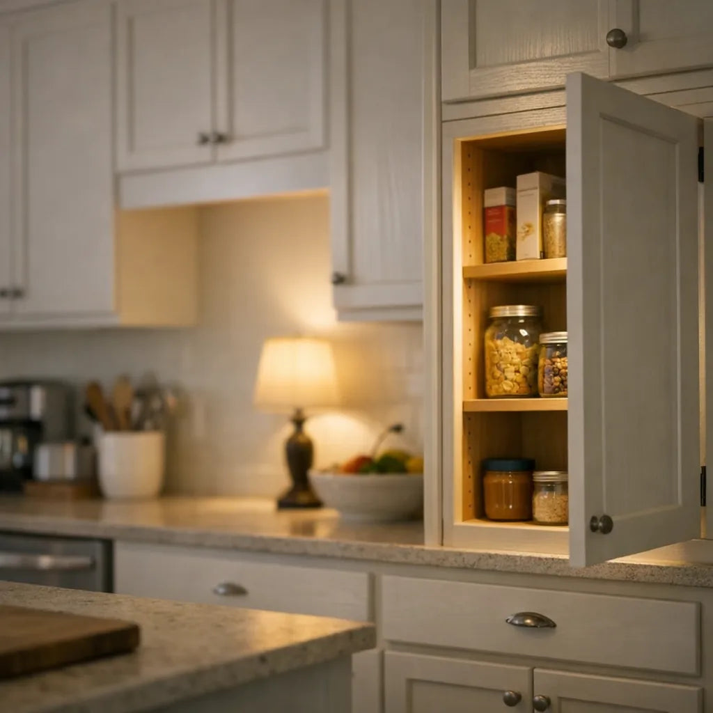 An open kitchen cupboard at night with the light on