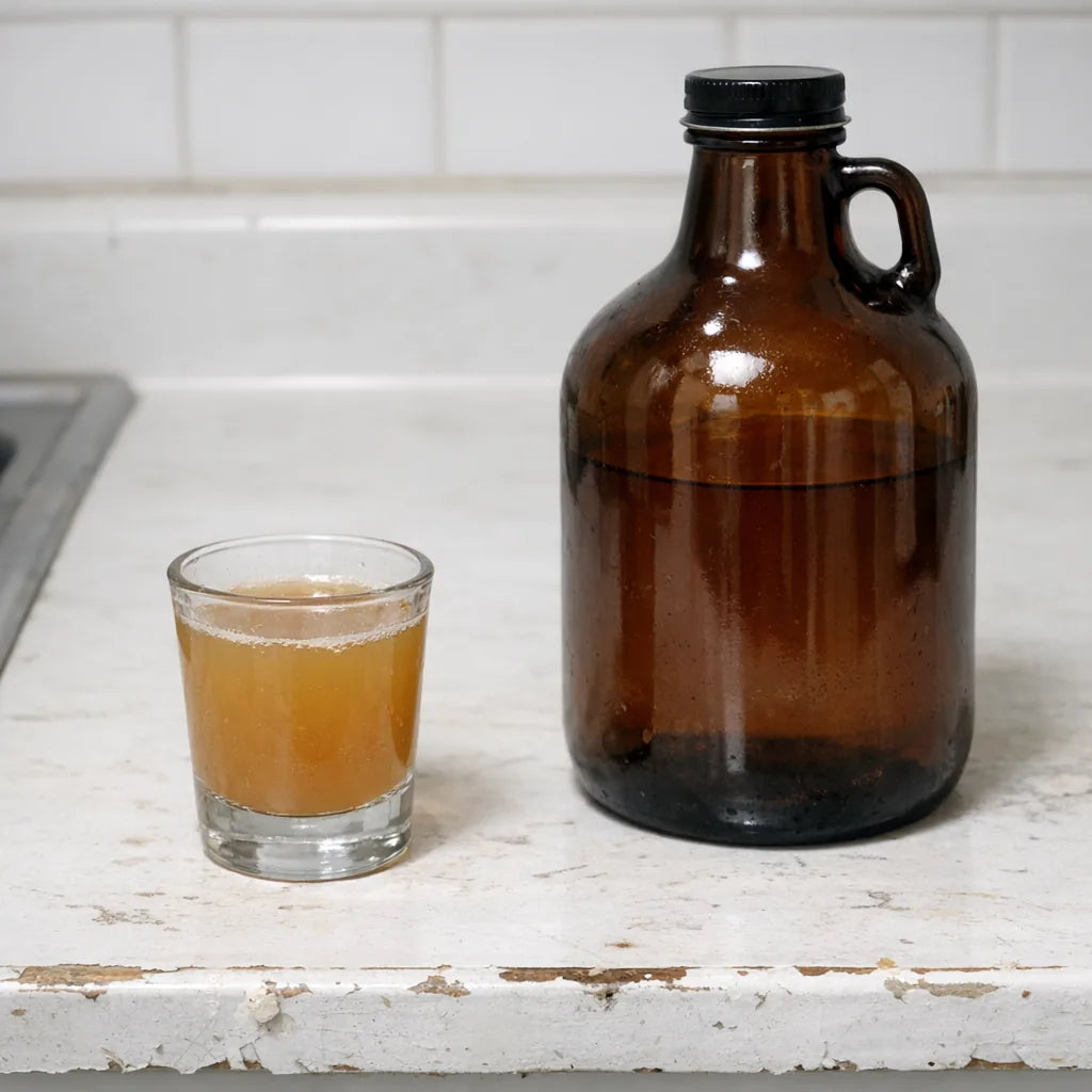 A cloudy shot glass of raw vinegar on a kitchen counter