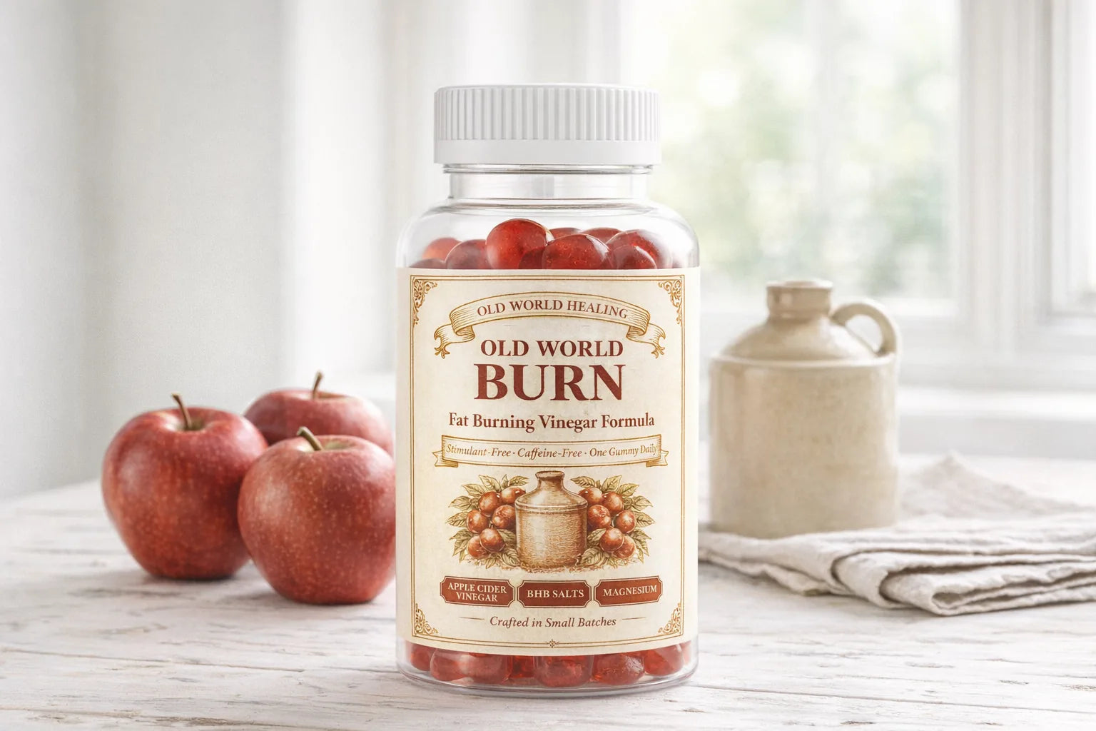 The Old World Burn jar on a farmhouse table with apples and a cider crock