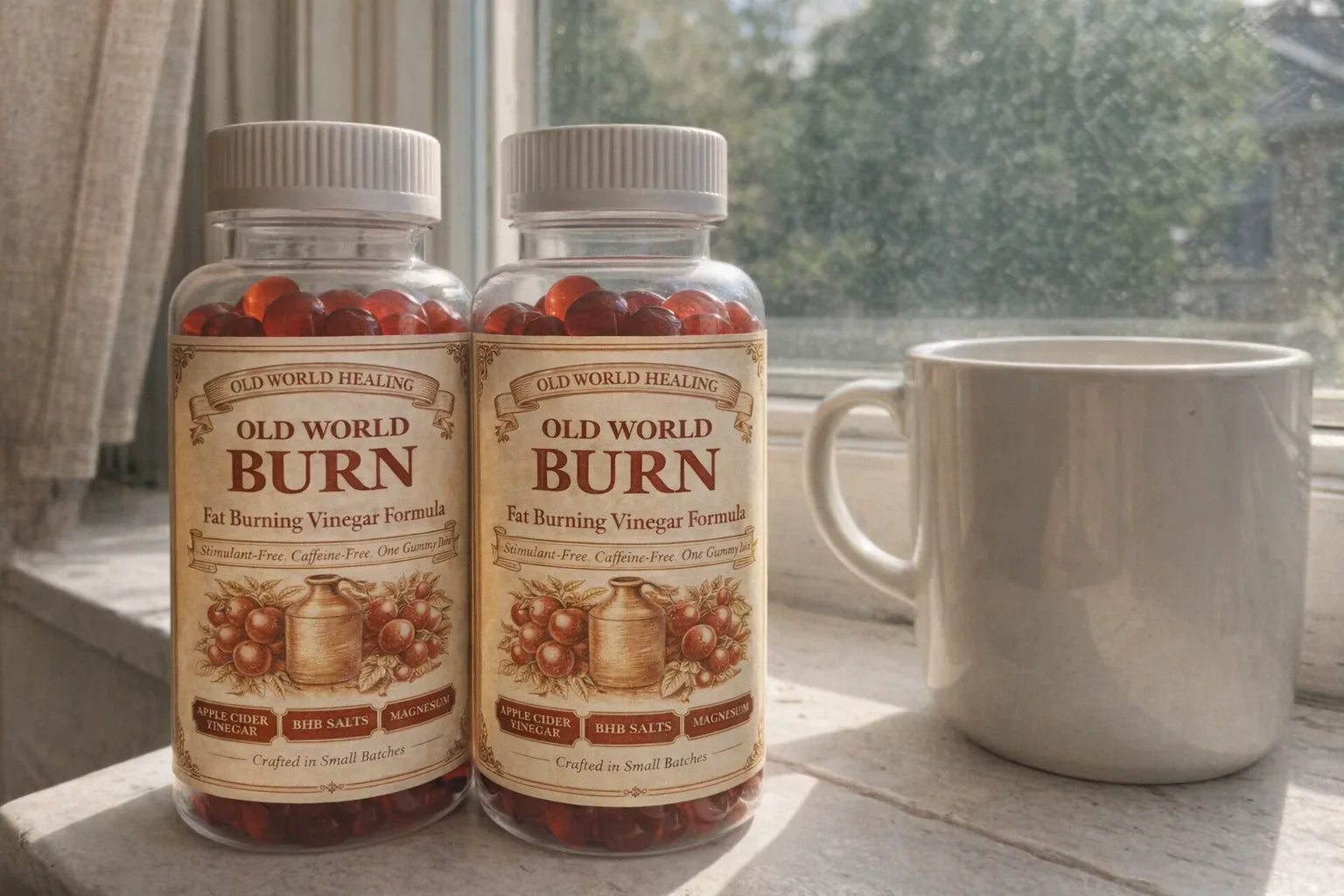 Two Old World Burn jars on a kitchen windowsill in morning light