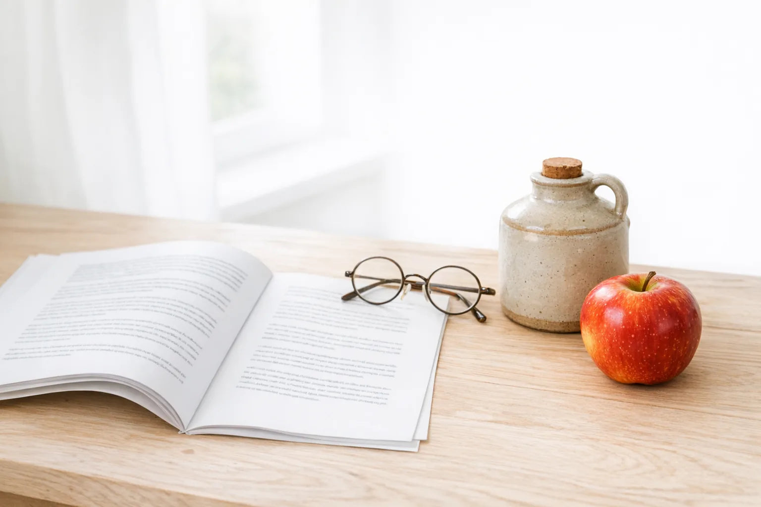 An open research paper on a desk beside reading glasses, a cider crock and an apple