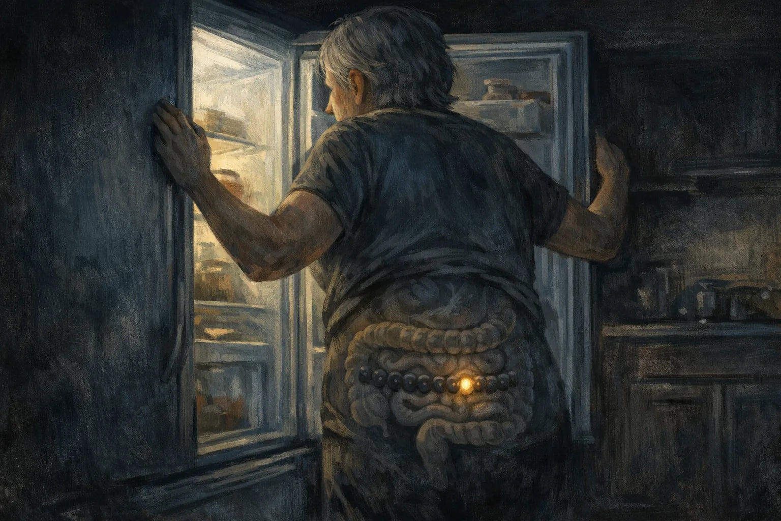 Editorial illustration of a person at an open refrigerator late at night with unlit hormone cells along the intestine