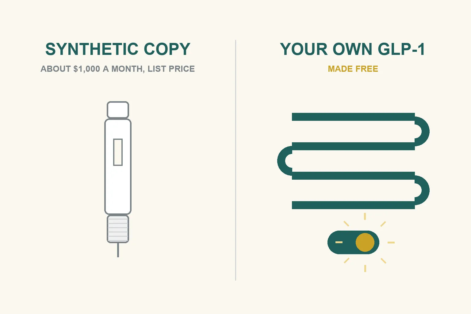 Split infographic comparing a synthetic injection pen at about $1,000 a month with your own gut-made GLP-1