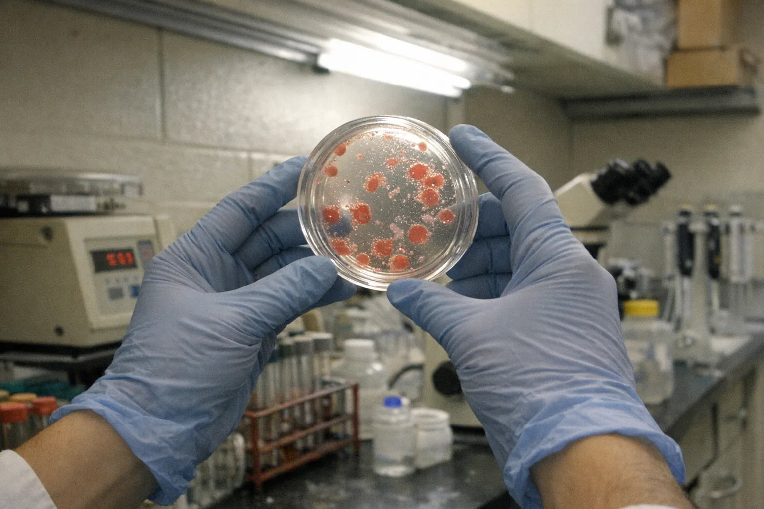 Documentary-style photo of gloved hands holding a petri dish up to the light on a laboratory bench