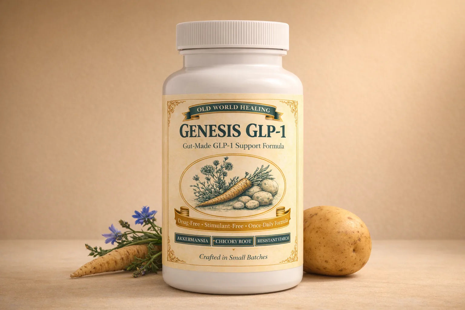 Genesis GLP-1 bottle on a warm cream surface with a sprig of chicory root and a raw potato