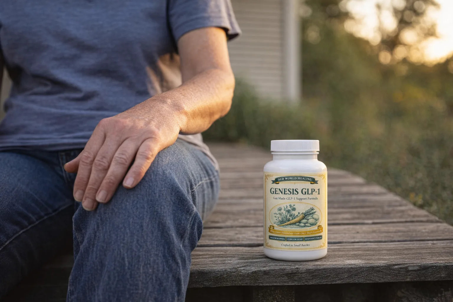Candid photo of a person in their fifties sitting on a porch step in the early evening with a bottle of Genesis GLP-1 beside them