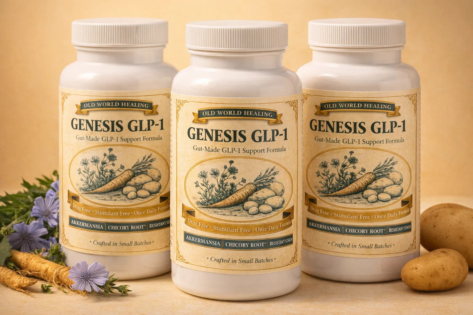 Genesis GLP-1 bottles arranged with chicory root and potato in warm old-world apothecary styling