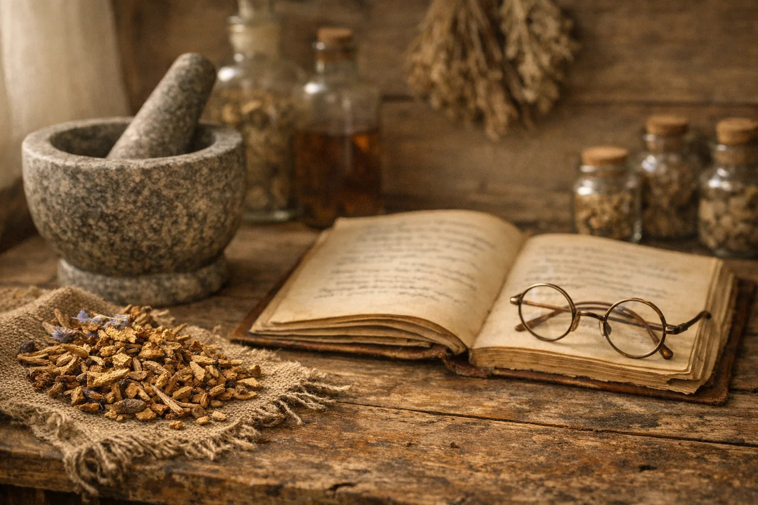 Warm still life of an herbalist's workbench with dried chicory root, a mortar and pestle, an open journal and reading glasses