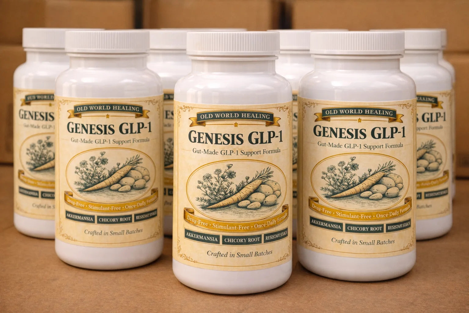 Genesis GLP-1 bottles stacked with shipping cartons softly blurred behind them