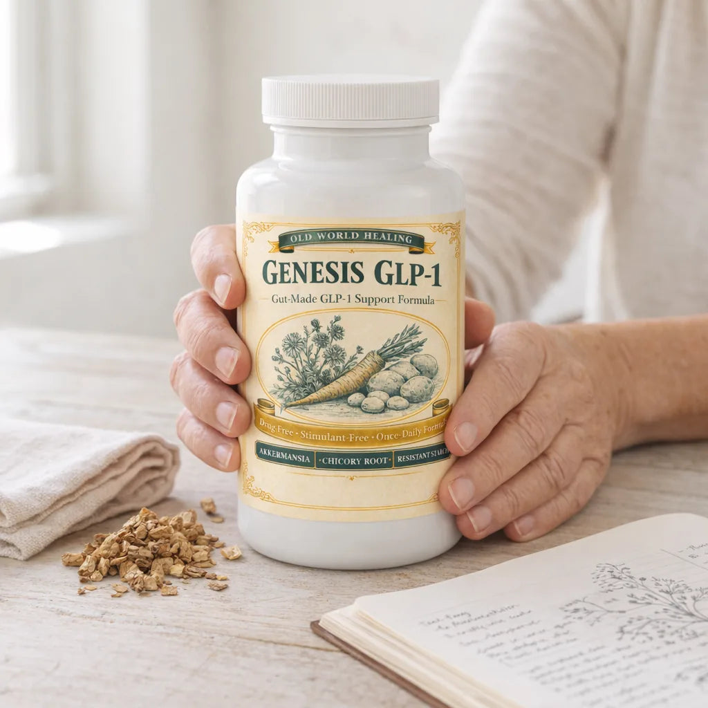 Genesis GLP-1 bottle held at an herbalist's workbench