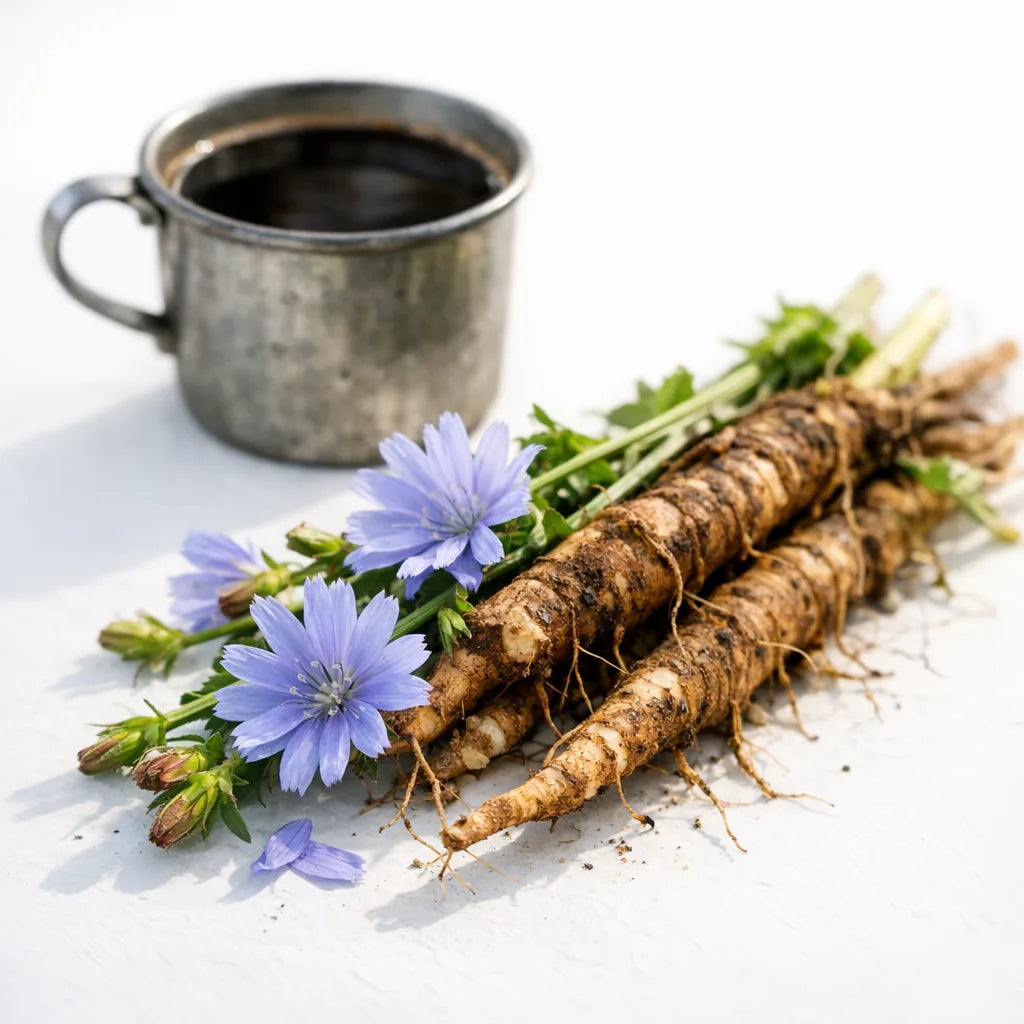 Chicory root and chicory flowers