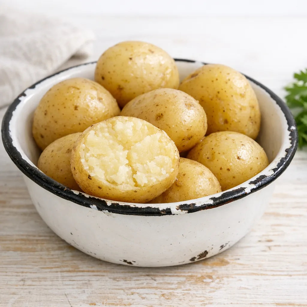 Cold boiled cellar potatoes in an enamel bowl