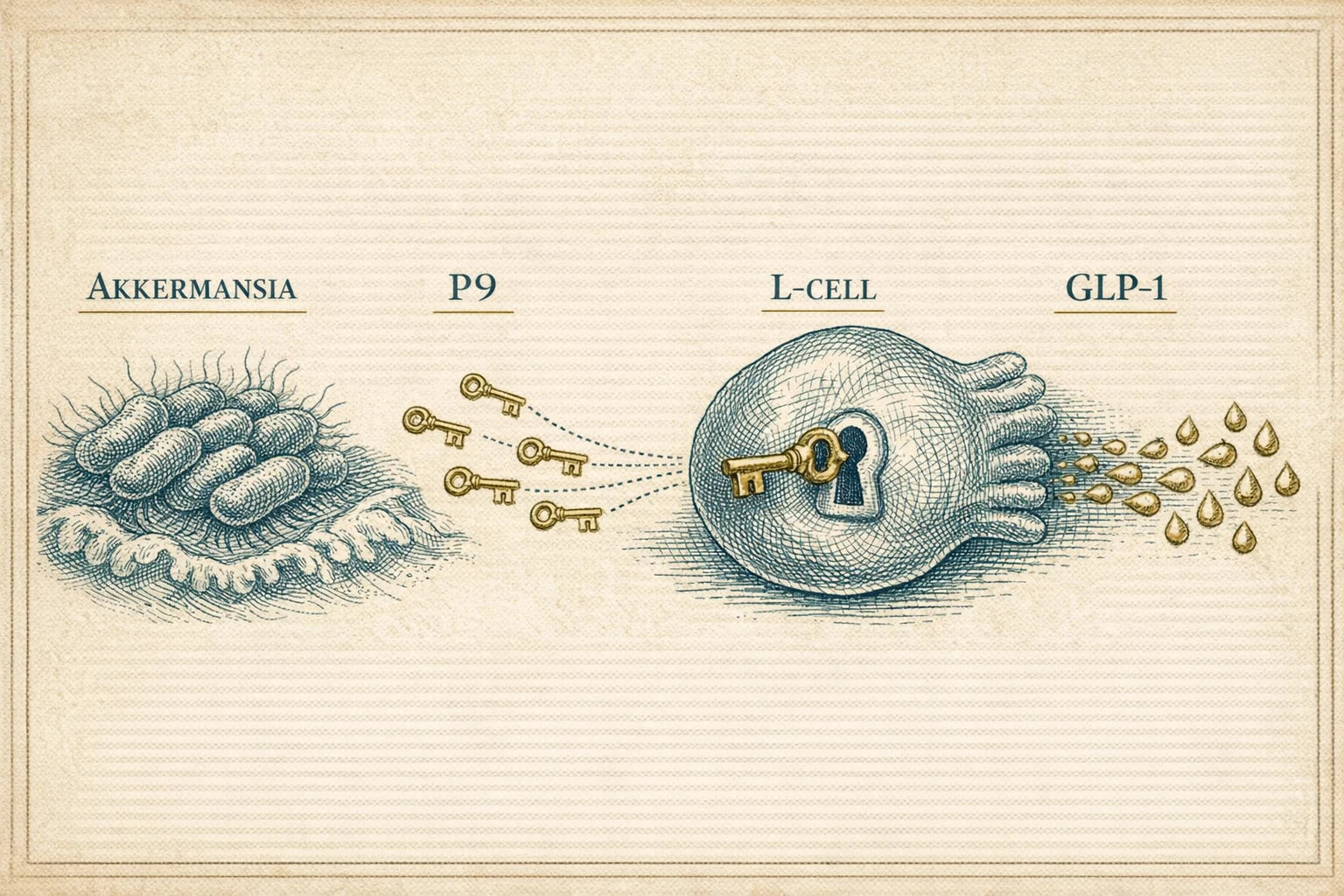 Akkermansia releases the P9 key, which fits the L-cell lock and releases GLP-1