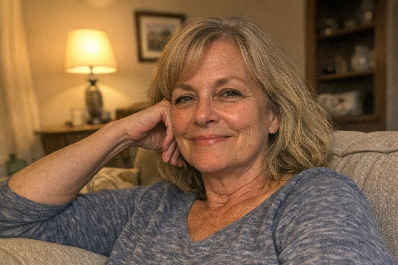 A woman in her late fifties relaxed in her living room in the evening