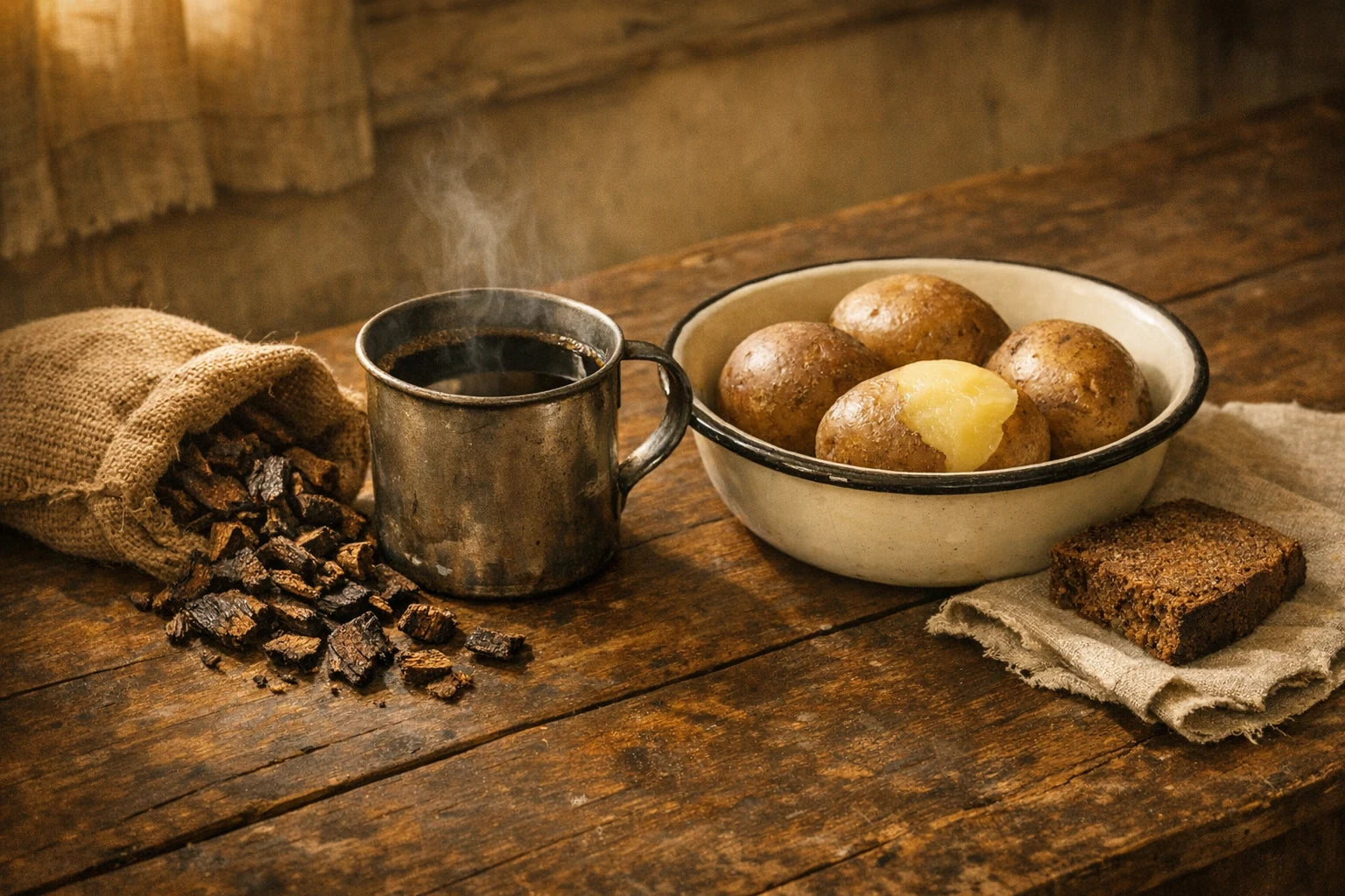 An old world kitchen table with chicory coffee, dark bread and cold potatoes