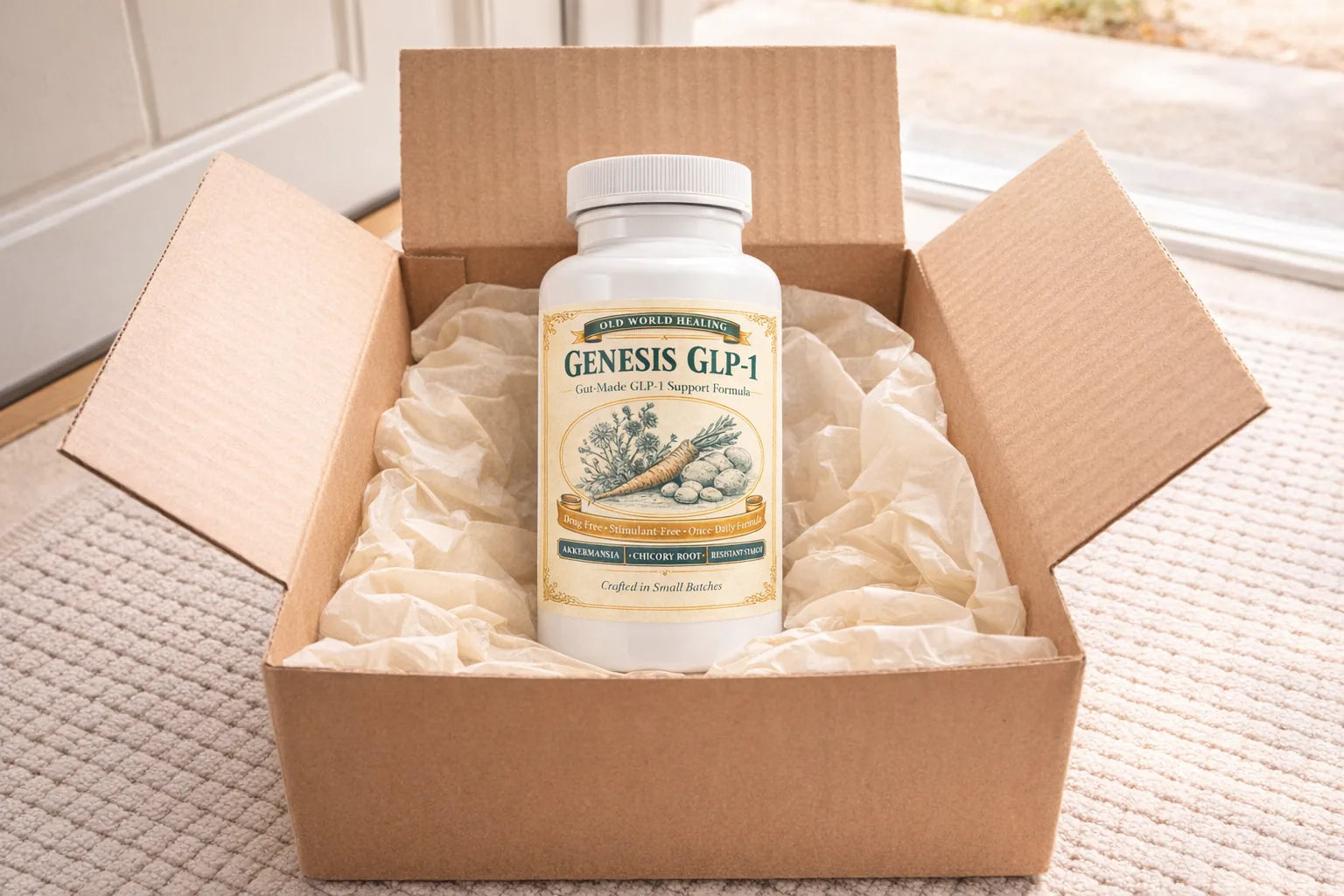The monthly shipping carton opened on a doormat with the bottle inside