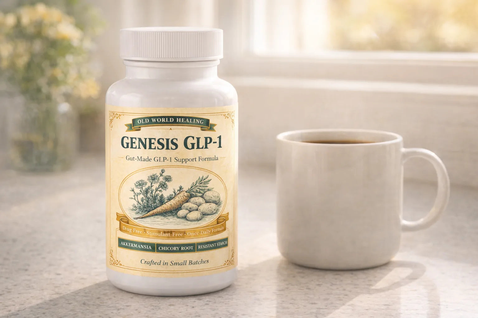 Genesis GLP-1 on a kitchen counter in the morning